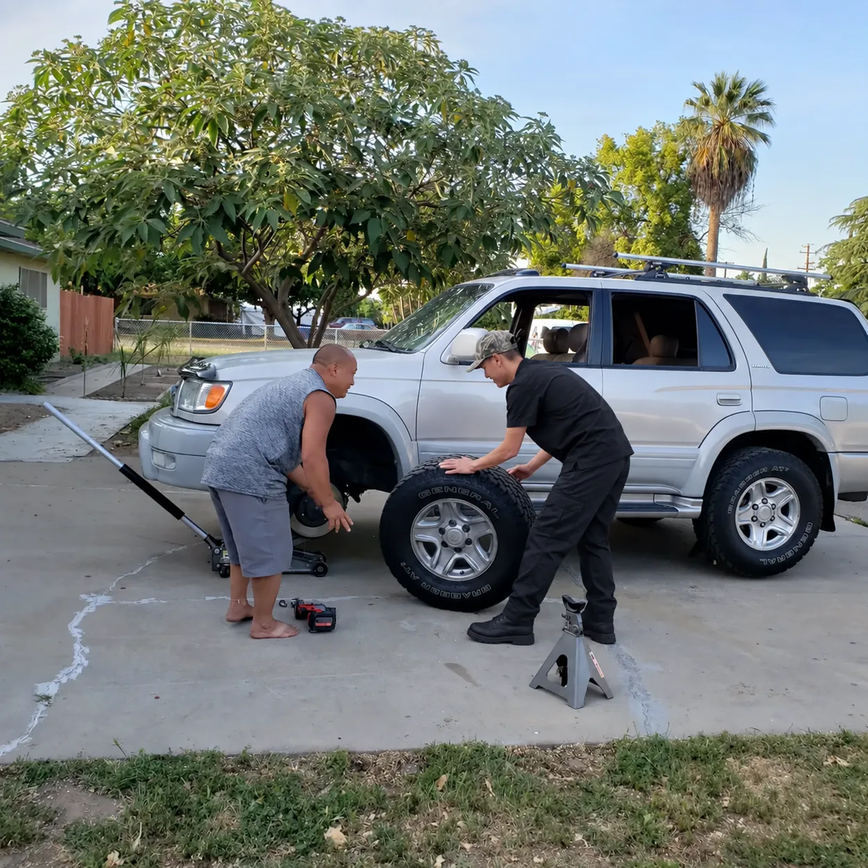 Mobile mechanic servicing a Toyota 4Runner at the customer's home